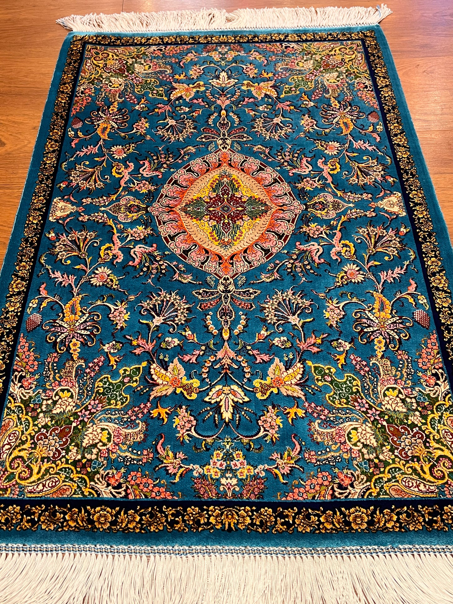 23” × 35” Luxury Turkish Bamboo Silk Rug – Vibrant Turquoise Blue, Gold Floral Medallion Accent Rug