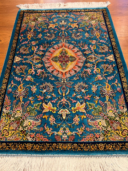 23” × 35” Luxury Turkish Bamboo Silk Rug – Vibrant Turquoise Blue, Gold Floral Medallion Accent Rug