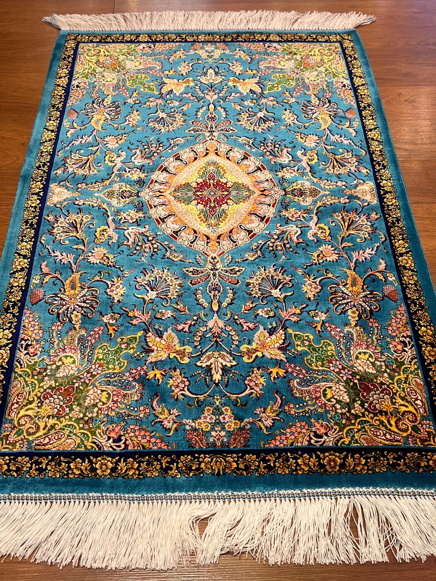 23” × 35” Luxury Turkish Bamboo Silk Rug – Vibrant Turquoise Blue, Gold Floral Medallion Accent Rug