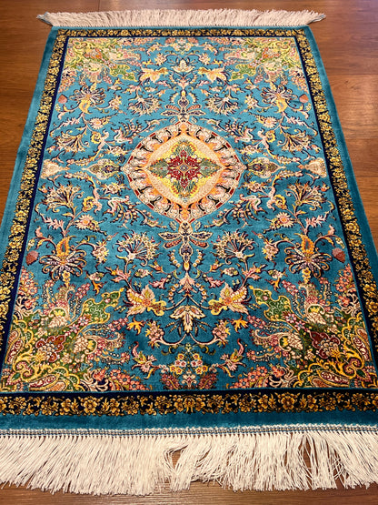23” × 35” Luxury Turkish Bamboo Silk Rug – Vibrant Turquoise Blue, Gold Floral Medallion Accent Rug