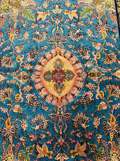 23” × 35” Luxury Turkish Bamboo Silk Rug – Vibrant Turquoise Blue, Gold Floral Medallion Accent Rug