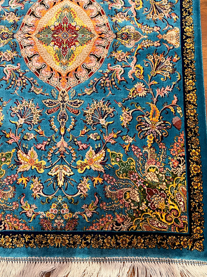 23” × 35” Luxury Turkish Bamboo Silk Rug – Vibrant Turquoise Blue, Gold Floral Medallion Accent Rug