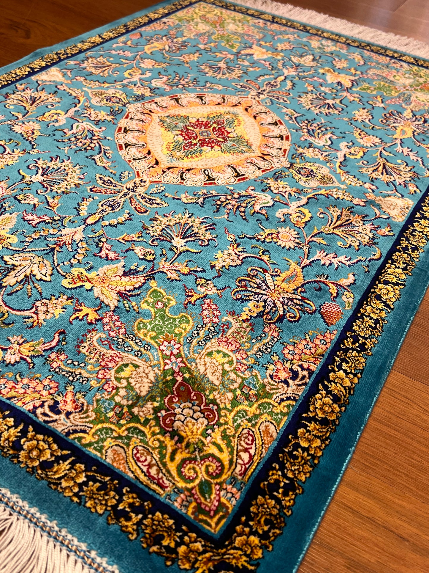 23” × 35” Luxury Turkish Bamboo Silk Rug – Vibrant Turquoise Blue, Gold Floral Medallion Accent Rug