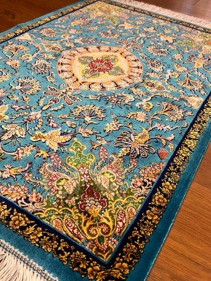 23” × 35” Luxury Turkish Bamboo Silk Rug – Vibrant Turquoise Blue, Gold Floral Medallion Accent Rug