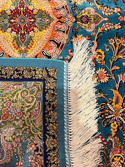 23” × 35” Luxury Turkish Bamboo Silk Rug – Vibrant Turquoise Blue, Gold Floral Medallion Accent Rug