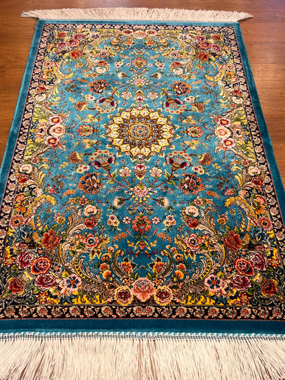 23” × 35” Luxury Turkish Bamboo Silk Rug – Turquoise Blue Floral Medallion, Elegant Small Accent Rug