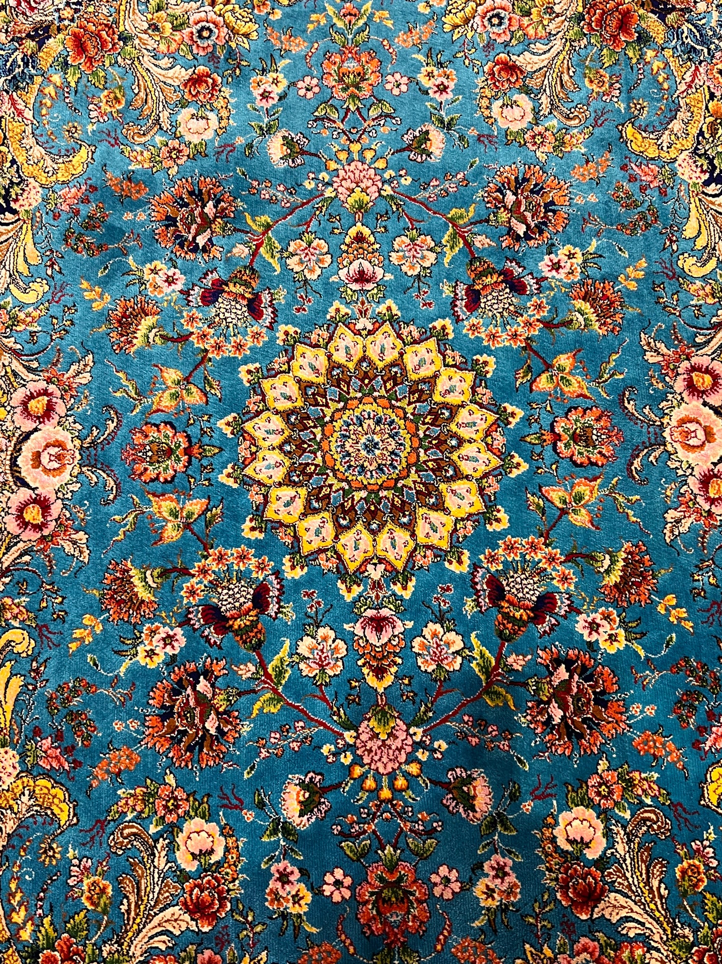 23” × 35” Luxury Turkish Bamboo Silk Rug – Turquoise Blue Floral Medallion, Elegant Small Accent Rug