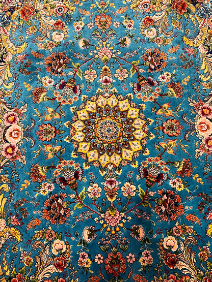 23” × 35” Luxury Turkish Bamboo Silk Rug – Turquoise Blue Floral Medallion, Elegant Small Accent Rug