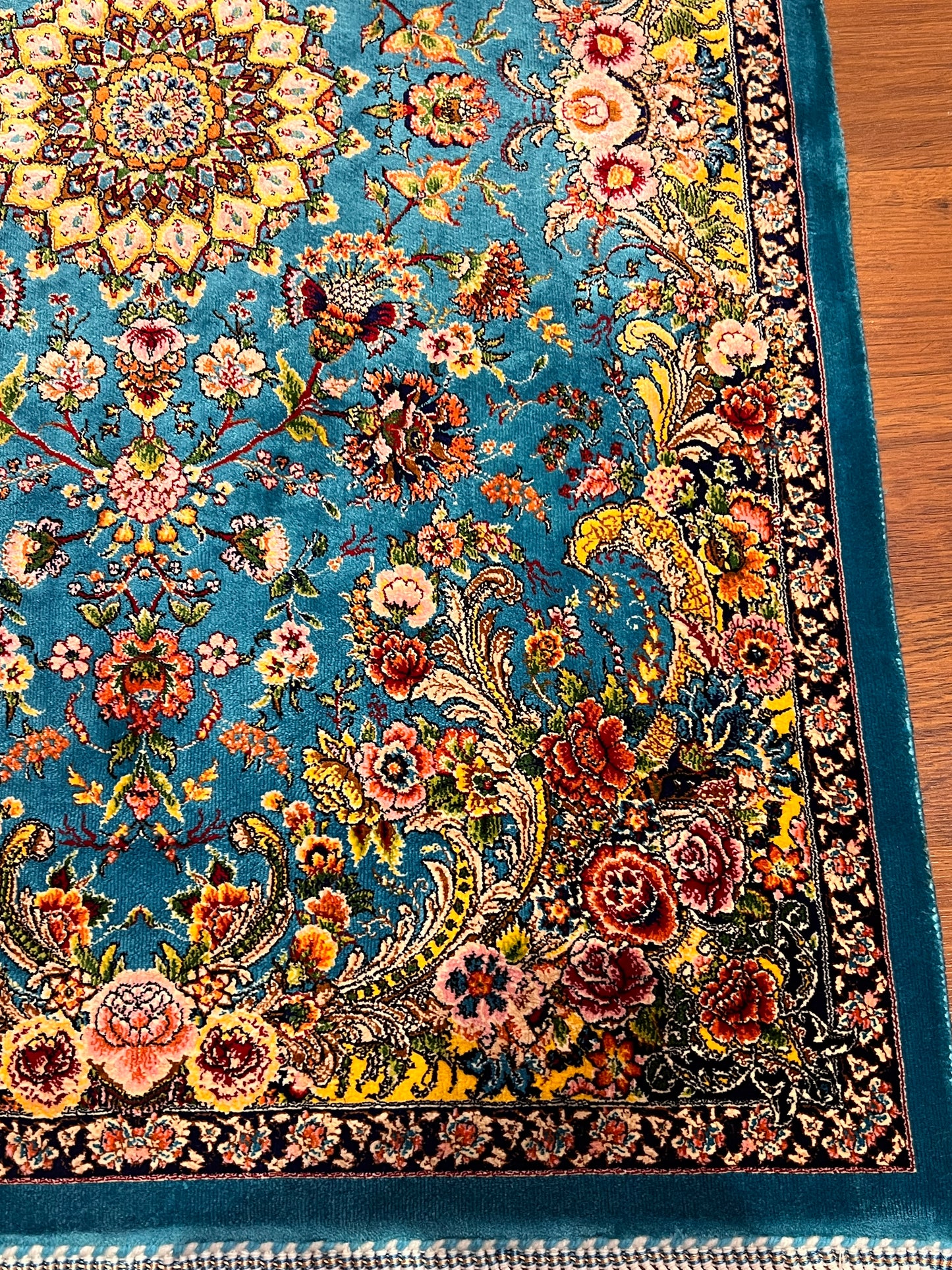 23” × 35” Luxury Turkish Bamboo Silk Rug – Turquoise Blue Floral Medallion, Elegant Small Accent Rug