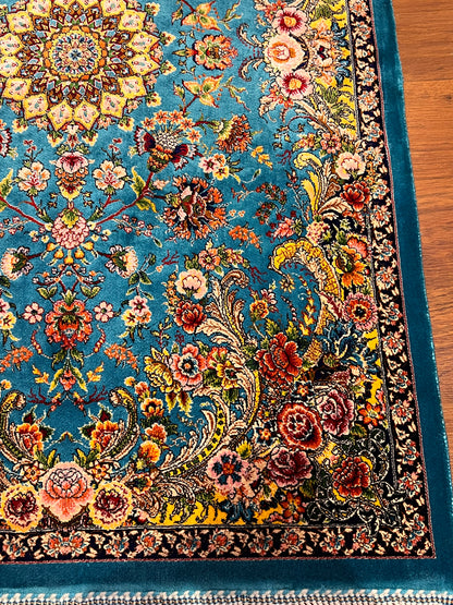 23” × 35” Luxury Turkish Bamboo Silk Rug – Turquoise Blue Floral Medallion, Elegant Small Accent Rug