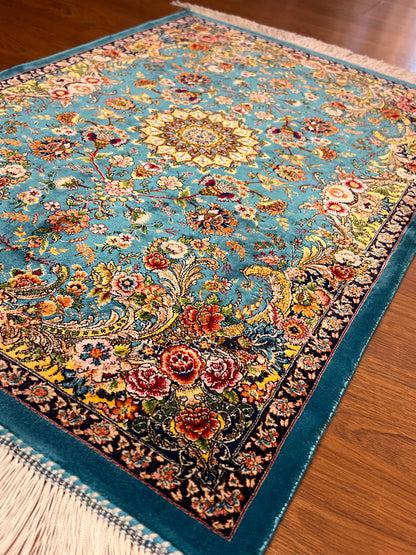 23” × 35” Luxury Turkish Bamboo Silk Rug – Turquoise Blue Floral Medallion, Elegant Small Accent Rug