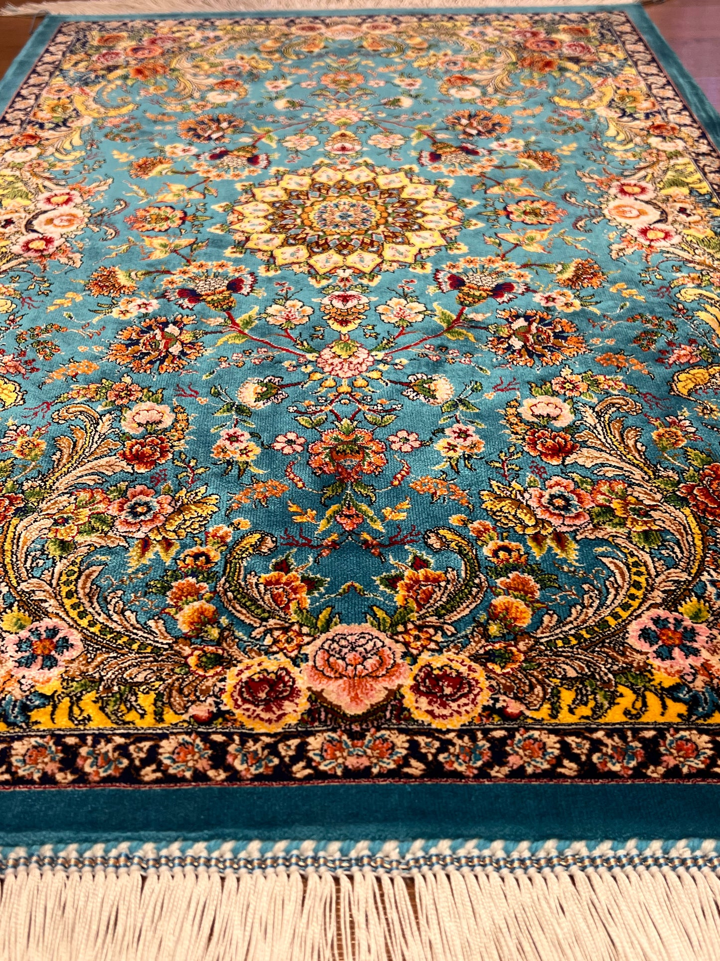 23” × 35” Luxury Turkish Bamboo Silk Rug – Turquoise Blue Floral Medallion, Elegant Small Accent Rug