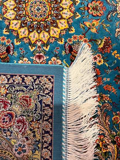 23” × 35” Luxury Turkish Bamboo Silk Rug – Turquoise Blue Floral Medallion, Elegant Small Accent Rug