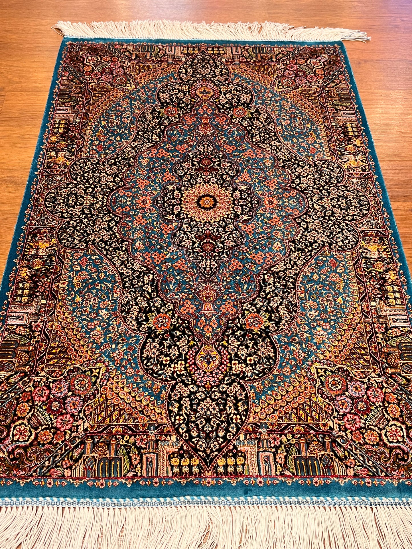 23” × 35” Luxury Turkish Bamboo Silk Rug – Turquoise Blue & Black Ornate Medallion, Premium Floral Accent Rug