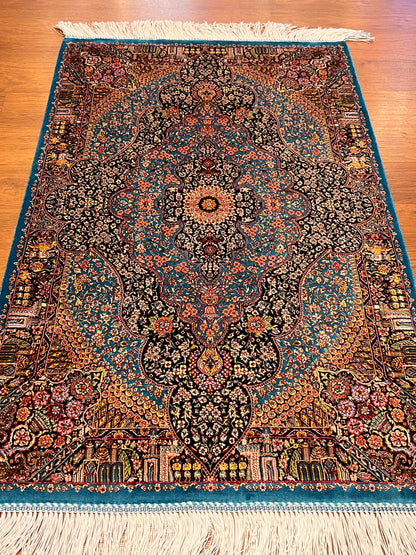 23” × 35” Luxury Turkish Bamboo Silk Rug – Turquoise Blue & Black Ornate Medallion, Premium Floral Accent Rug