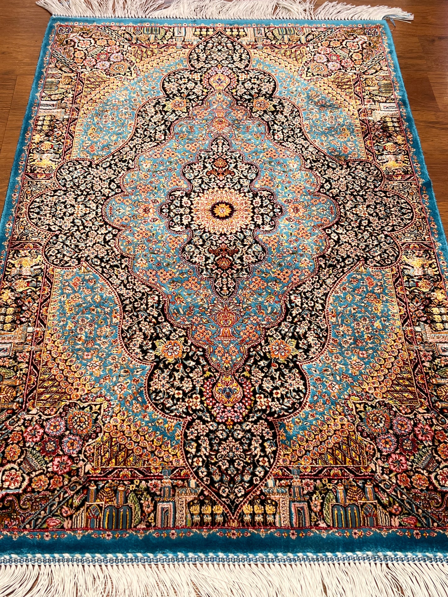 23” × 35” Luxury Turkish Bamboo Silk Rug – Turquoise Blue & Black Ornate Medallion, Premium Floral Accent Rug
