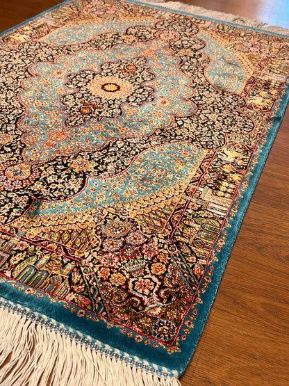 23” × 35” Luxury Turkish Bamboo Silk Rug – Turquoise Blue & Black Ornate Medallion, Premium Floral Accent Rug