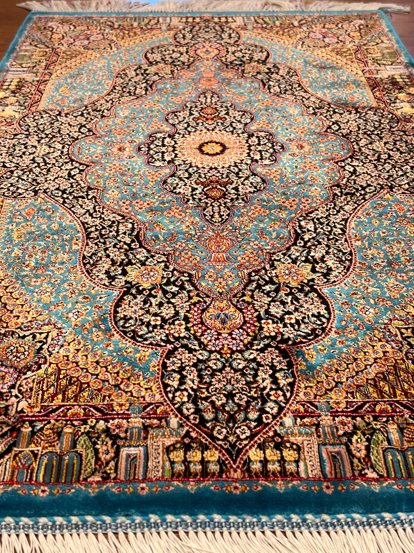 23” × 35” Luxury Turkish Bamboo Silk Rug – Turquoise Blue & Black Ornate Medallion, Premium Floral Accent Rug