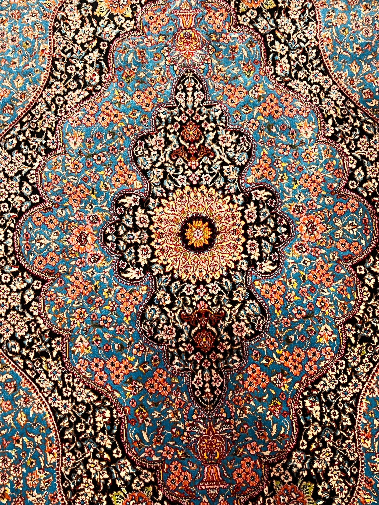 23” × 35” Luxury Turkish Bamboo Silk Rug – Turquoise Blue & Black Ornate Medallion, Premium Floral Accent Rug