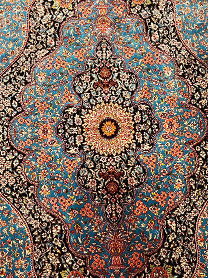 23” × 35” Luxury Turkish Bamboo Silk Rug – Turquoise Blue & Black Ornate Medallion, Premium Floral Accent Rug