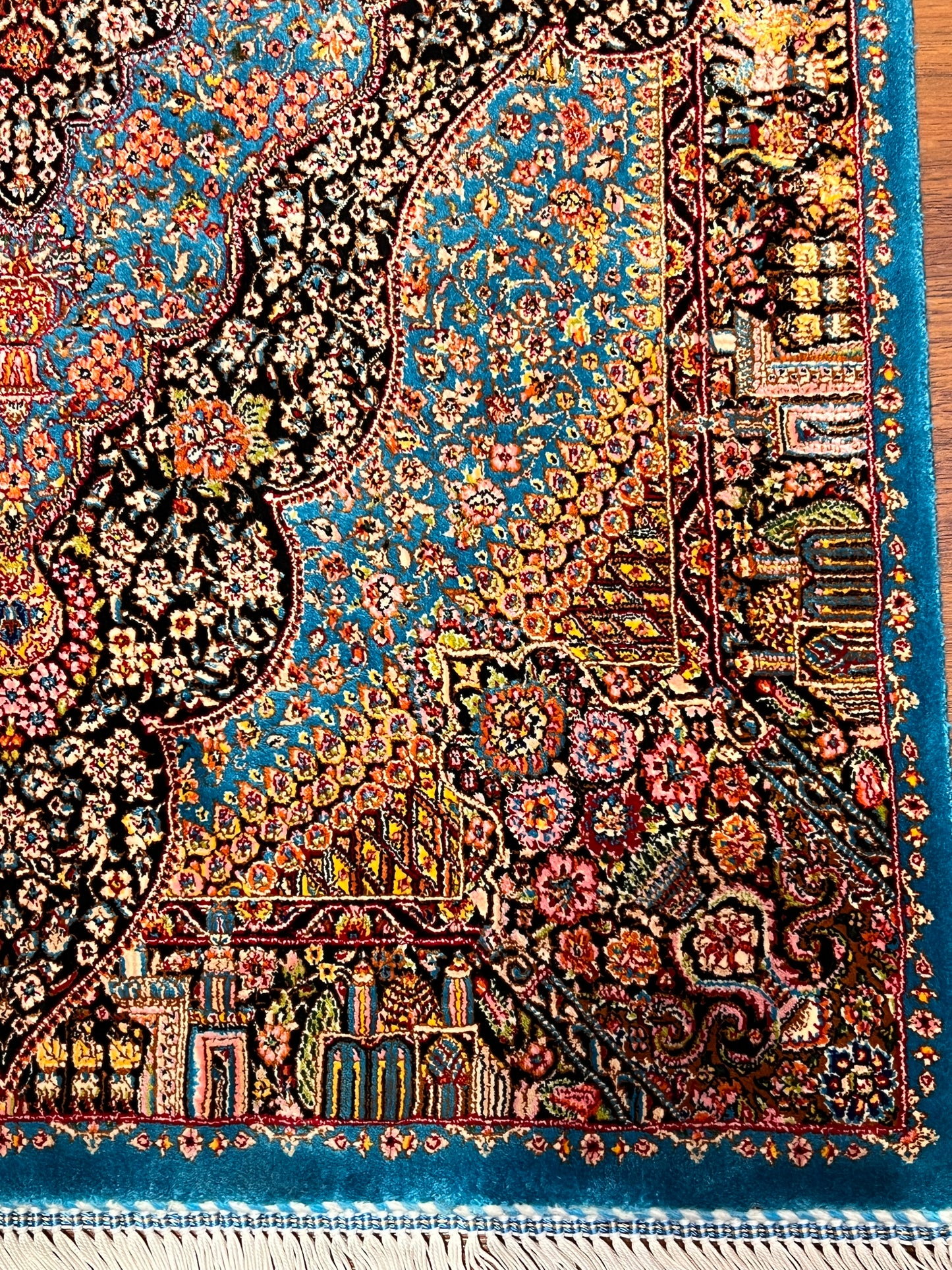 23” × 35” Luxury Turkish Bamboo Silk Rug – Turquoise Blue & Black Ornate Medallion, Premium Floral Accent Rug