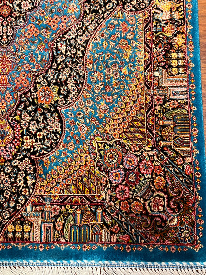23” × 35” Luxury Turkish Bamboo Silk Rug – Turquoise Blue & Black Ornate Medallion, Premium Floral Accent Rug