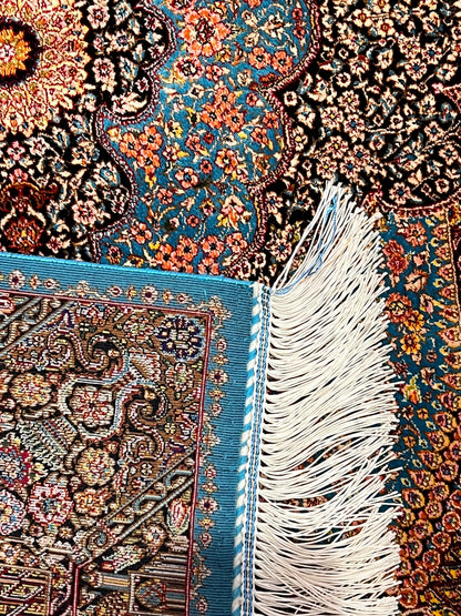 23” × 35” Luxury Turkish Bamboo Silk Rug – Turquoise Blue & Black Ornate Medallion, Premium Floral Accent Rug