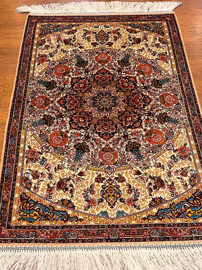 23” × 35” Luxury Turkish Bamboo Silk Rug – Ivory & Navy Blue Floral Medallion, Elegant Small Accent Rug