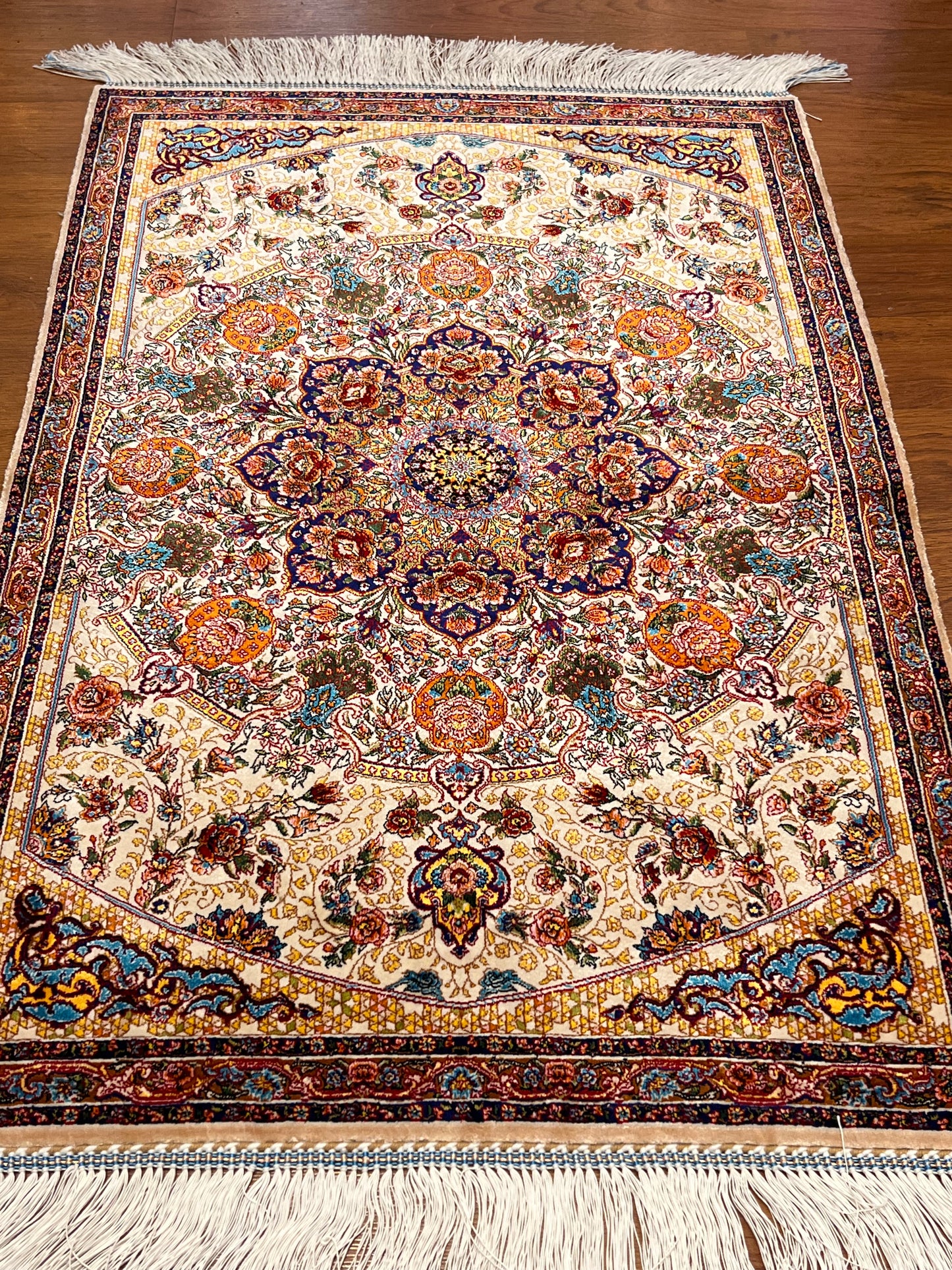23” × 35” Luxury Turkish Bamboo Silk Rug – Ivory & Navy Blue Floral Medallion, Elegant Small Accent Rug