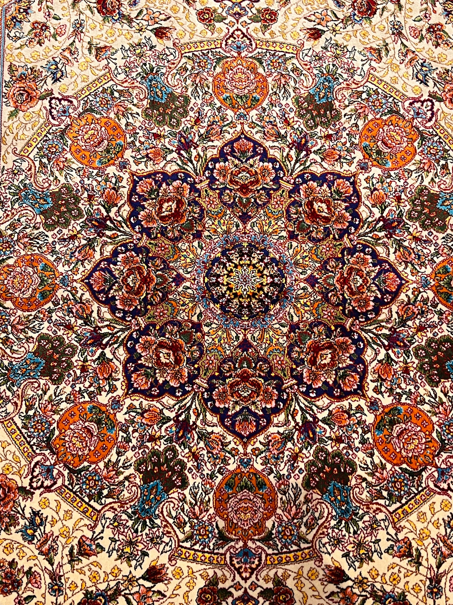 23” × 35” Luxury Turkish Bamboo Silk Rug – Ivory & Navy Blue Floral Medallion, Elegant Small Accent Rug