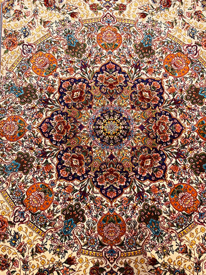 23” × 35” Luxury Turkish Bamboo Silk Rug – Ivory & Navy Blue Floral Medallion, Elegant Small Accent Rug