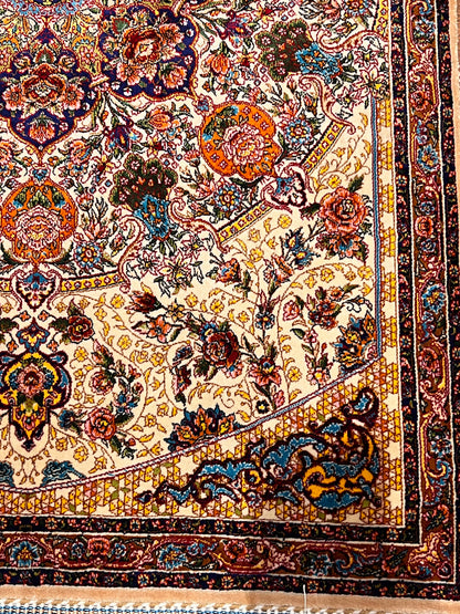 23” × 35” Luxury Turkish Bamboo Silk Rug – Ivory & Navy Blue Floral Medallion, Elegant Small Accent Rug