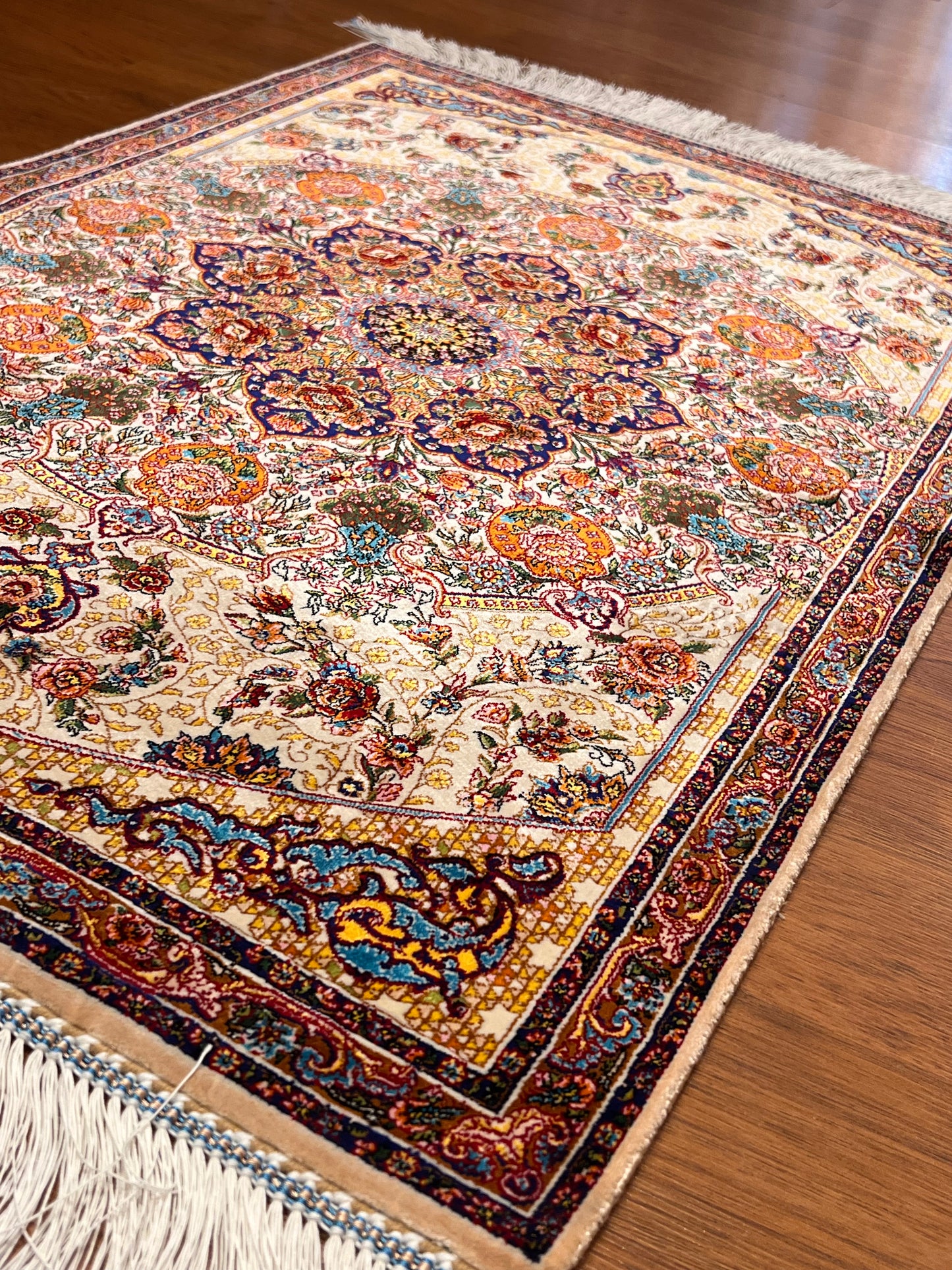 23” × 35” Luxury Turkish Bamboo Silk Rug – Ivory & Navy Blue Floral Medallion, Elegant Small Accent Rug