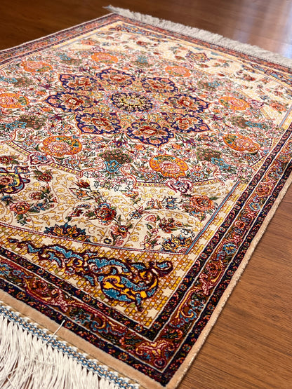 23” × 35” Luxury Turkish Bamboo Silk Rug – Ivory & Navy Blue Floral Medallion, Elegant Small Accent Rug