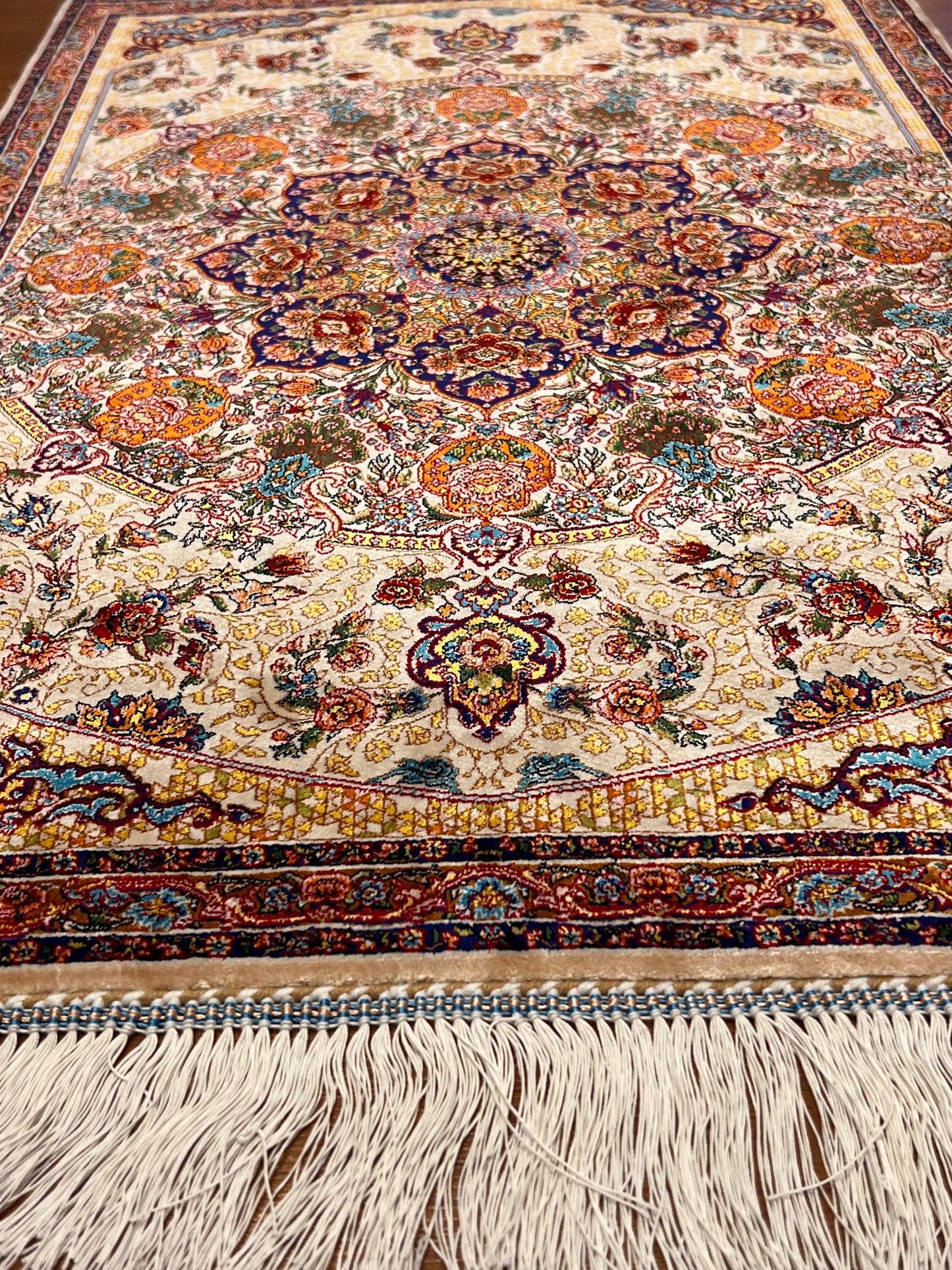 23” × 35” Luxury Turkish Bamboo Silk Rug – Ivory & Navy Blue Floral Medallion, Elegant Small Accent Rug