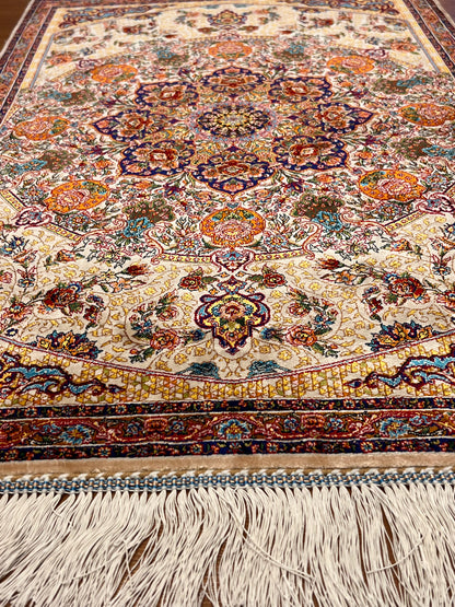 23” × 35” Luxury Turkish Bamboo Silk Rug – Ivory & Navy Blue Floral Medallion, Elegant Small Accent Rug