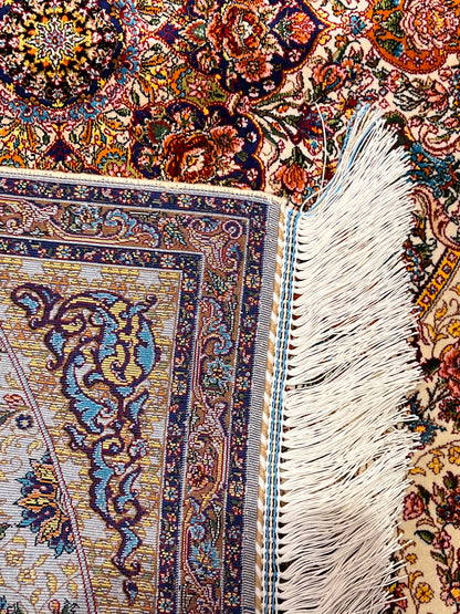 23” × 35” Luxury Turkish Bamboo Silk Rug – Ivory & Navy Blue Floral Medallion, Elegant Small Accent Rug