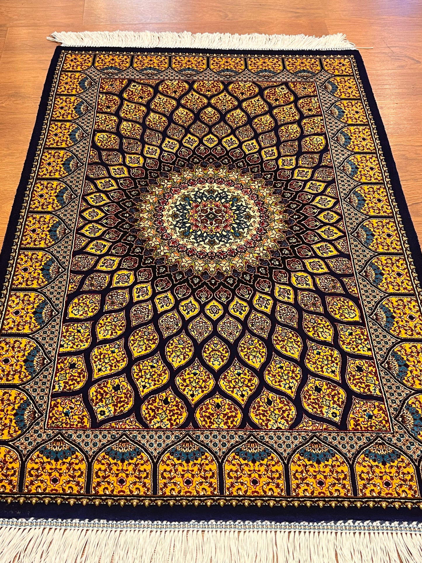 23” × 35” Luxury Turkish Bamboo Silk Rug – Royal Blue & Gold Geometric Starburst Medallion Accent Rug