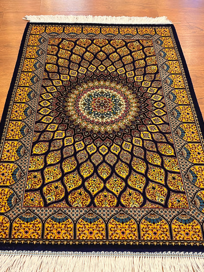 23” × 35” Luxury Turkish Bamboo Silk Rug – Royal Blue & Gold Geometric Starburst Medallion Accent Rug