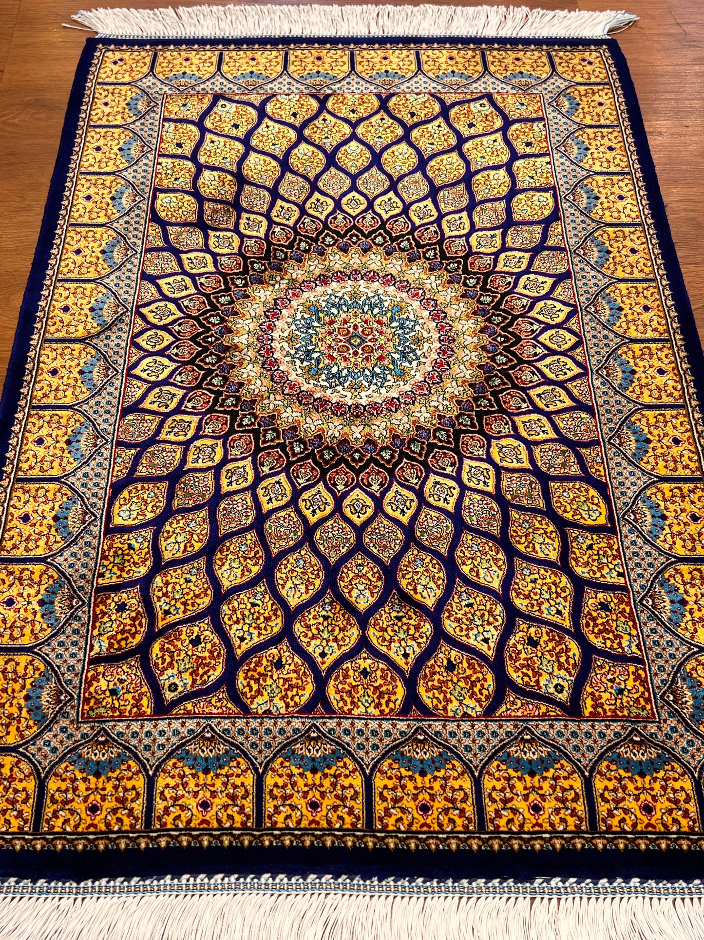 23” × 35” Luxury Turkish Bamboo Silk Rug – Royal Blue & Gold Geometric Starburst Medallion Accent Rug