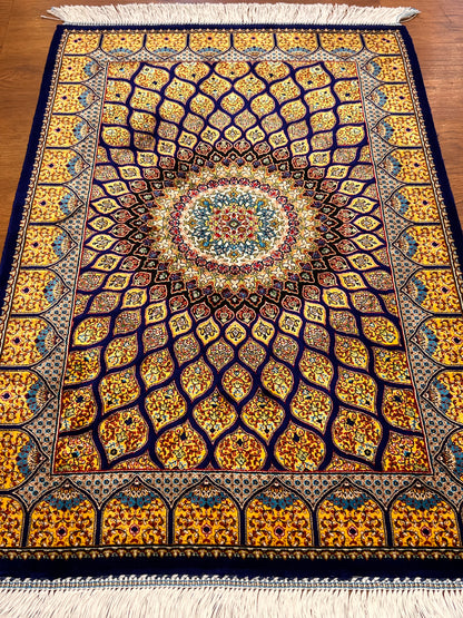 23” × 35” Luxury Turkish Bamboo Silk Rug – Royal Blue & Gold Geometric Starburst Medallion Accent Rug
