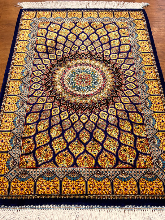 23” × 35” Luxury Turkish Bamboo Silk Rug – Royal Blue & Gold Geometric Starburst Medallion Accent Rug