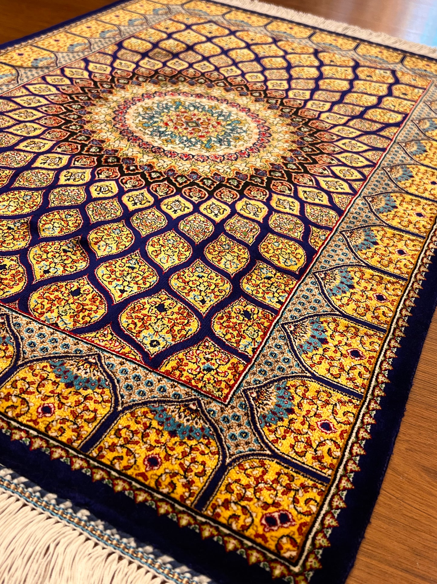 23” × 35” Luxury Turkish Bamboo Silk Rug – Royal Blue & Gold Geometric Starburst Medallion Accent Rug