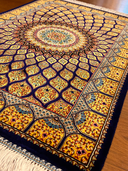 23” × 35” Luxury Turkish Bamboo Silk Rug – Royal Blue & Gold Geometric Starburst Medallion Accent Rug