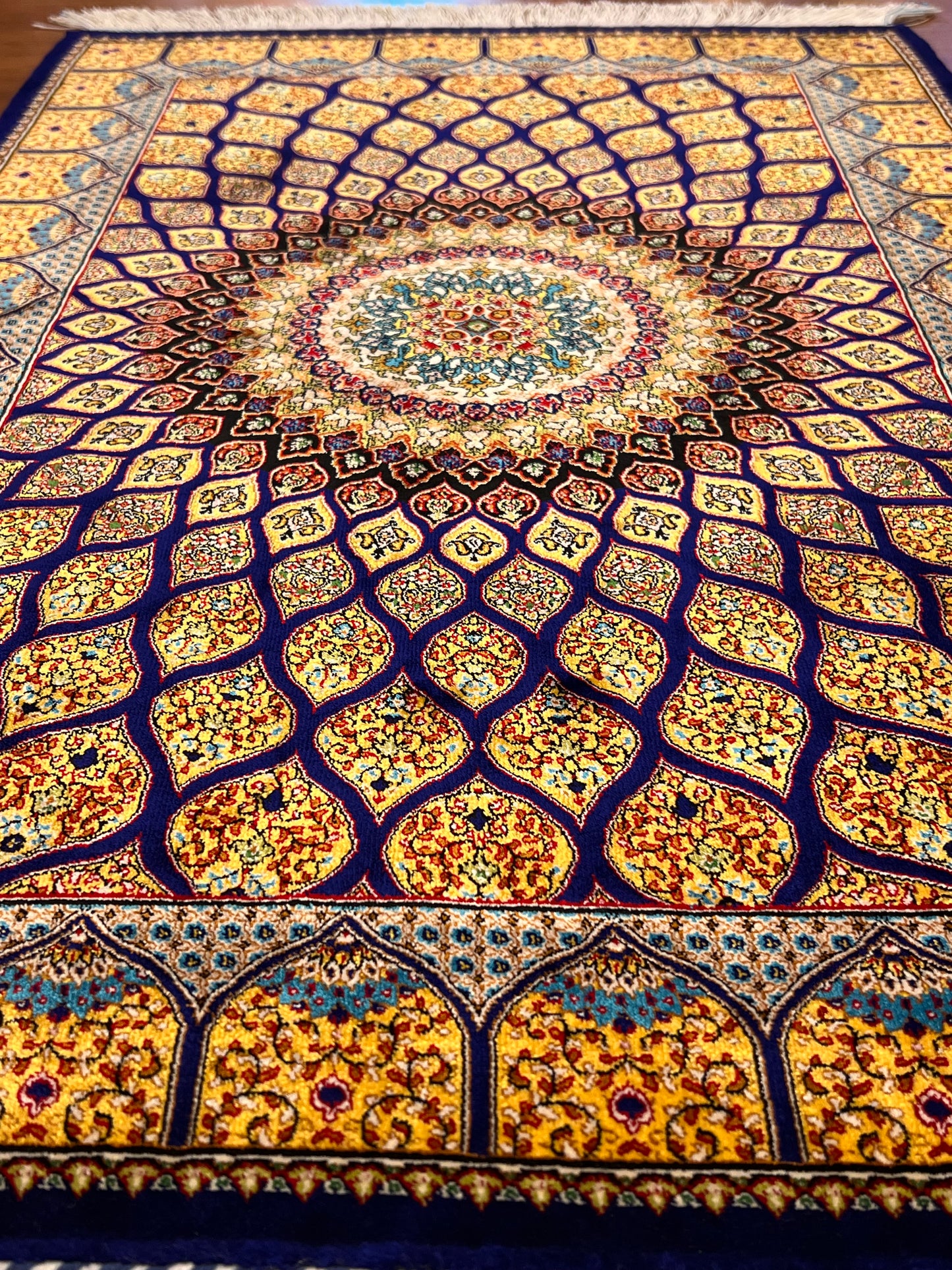 23” × 35” Luxury Turkish Bamboo Silk Rug – Royal Blue & Gold Geometric Starburst Medallion Accent Rug