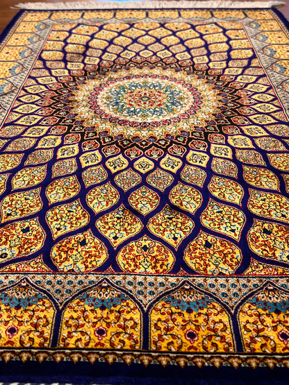 23” × 35” Luxury Turkish Bamboo Silk Rug – Royal Blue & Gold Geometric Starburst Medallion Accent Rug