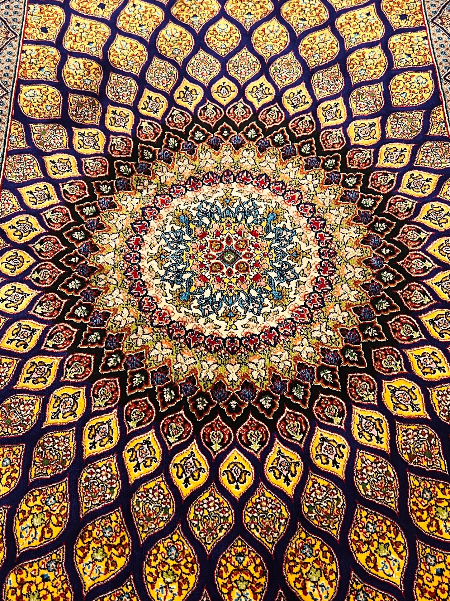 23” × 35” Luxury Turkish Bamboo Silk Rug – Royal Blue & Gold Geometric Starburst Medallion Accent Rug