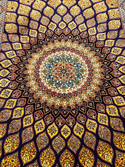 23” × 35” Luxury Turkish Bamboo Silk Rug – Royal Blue & Gold Geometric Starburst Medallion Accent Rug