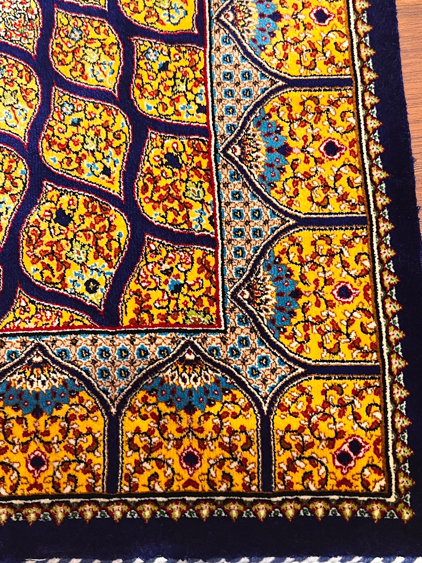 23” × 35” Luxury Turkish Bamboo Silk Rug – Royal Blue & Gold Geometric Starburst Medallion Accent Rug