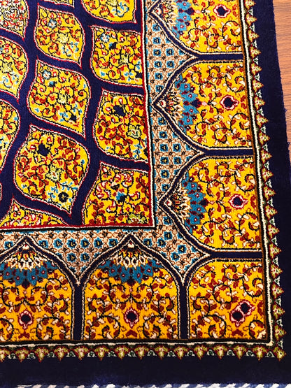 23” × 35” Luxury Turkish Bamboo Silk Rug – Royal Blue & Gold Geometric Starburst Medallion Accent Rug
